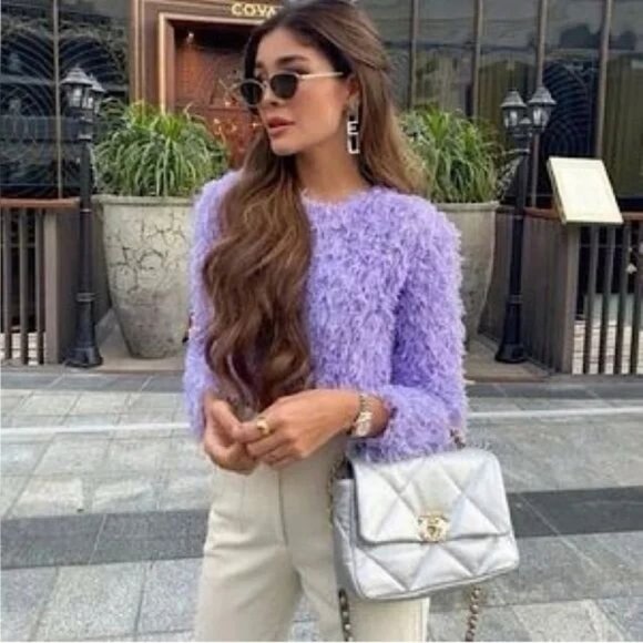 Zara Feather Effects Purple Shaggy Long Sleeve Cropped Sweater Top Small - Picture 1 of 9
